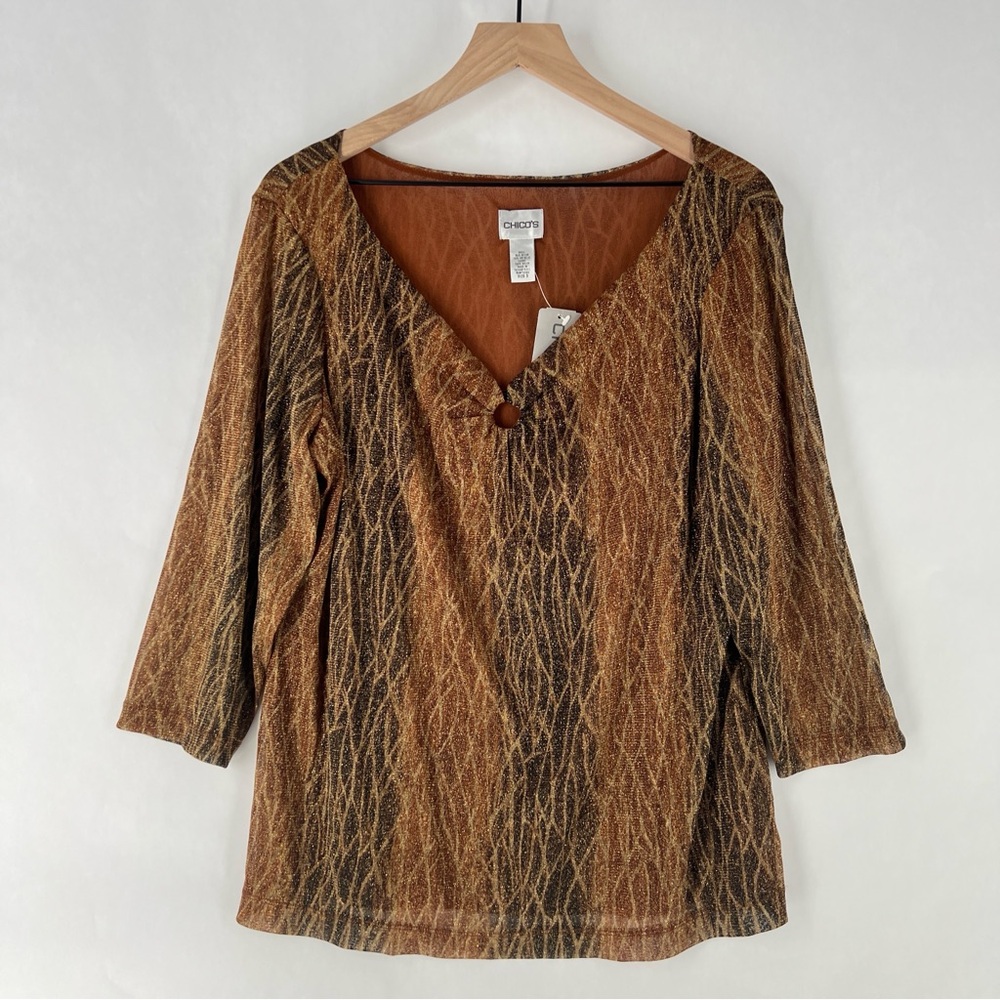 Chico's Brown Metallic Sheer Mesh Keyhole V-Neck 3/4 Sleeve Top Size XL Y2K